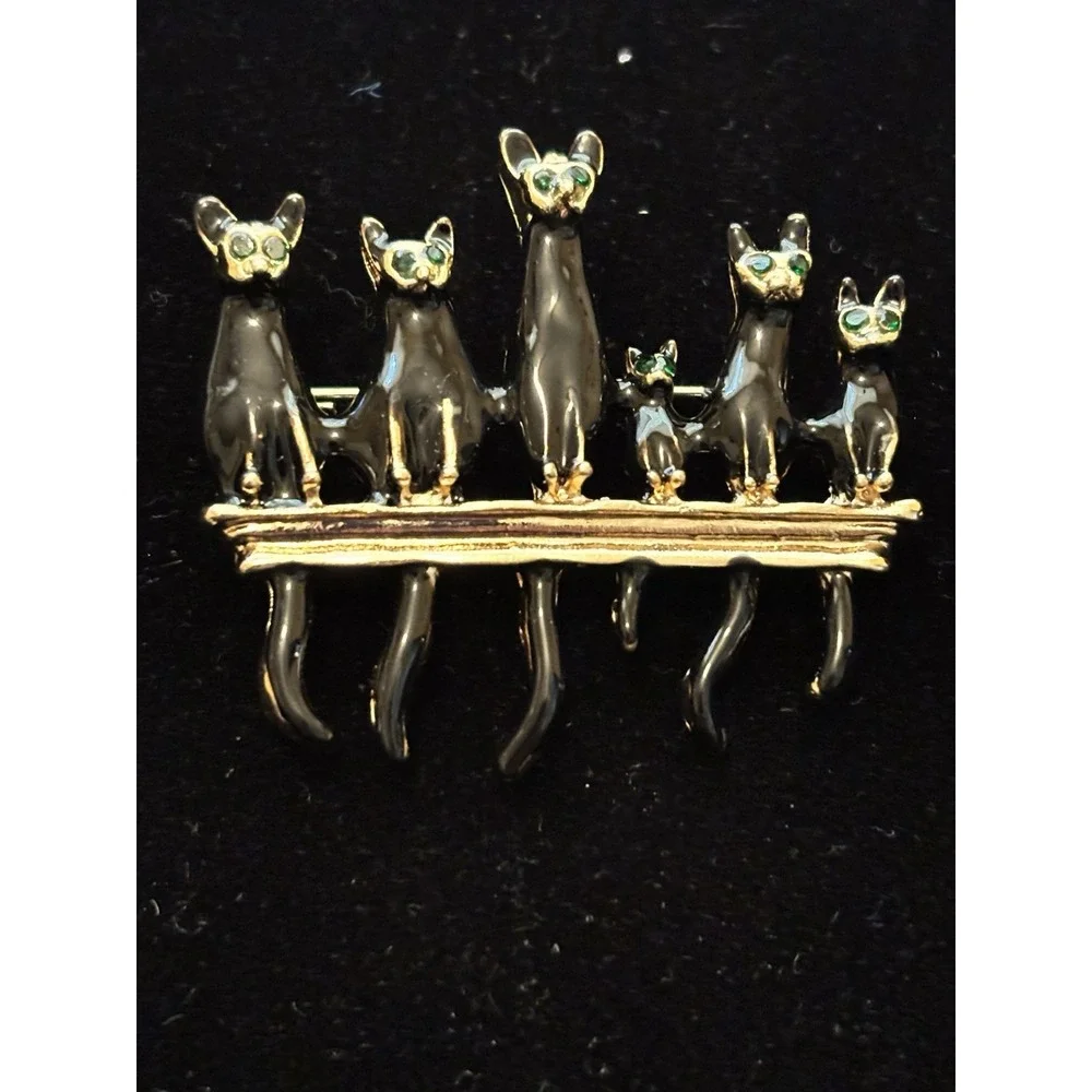 Vintage Six Black Cats on Fence Brooch Green Rhinestone Eyes Moving Tails[JB2]